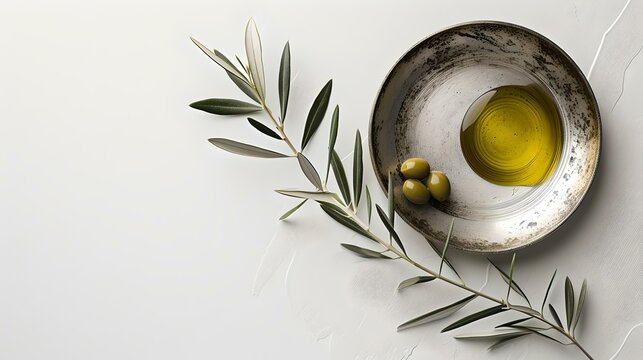Minimalist olive oil presentation in artistic bowl. simple and elegant food styling, ideal for culinary concepts. top view on white surface. AI