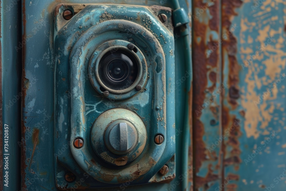 Poster A close up of a door handle with a camera attached. This image can be used to illustrate concepts related to security, surveillance, technology, or home automation