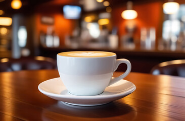 White cup of coffee on a wooden table in a bar with a blurred background.