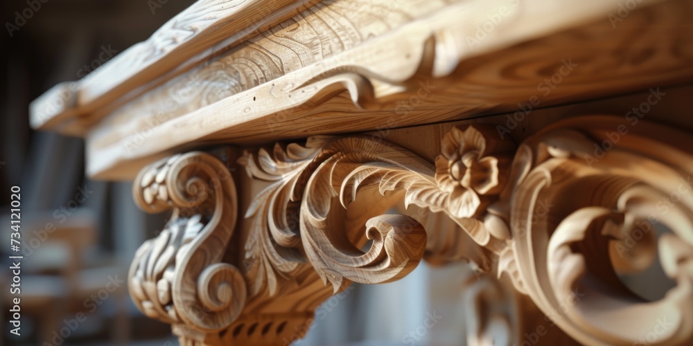 Poster A detailed close-up of a wooden table with intricate carvings. Perfect for adding a touch of rustic charm to any space