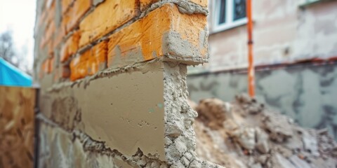 A detailed view of a brick wall with a building in the background. This image can be used to depict urban architecture or construction projects