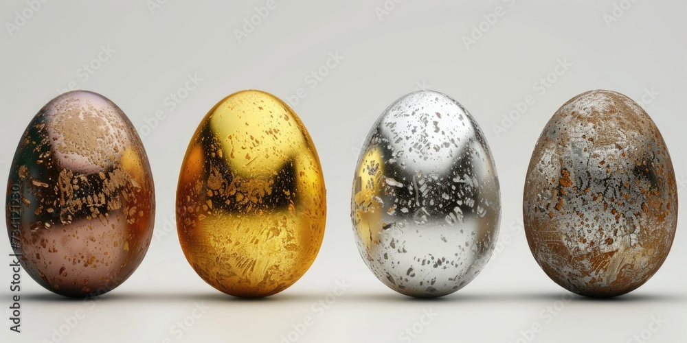 Poster A group of three metallic eggs arranged in a row, creating an eye-catching display. Ideal for adding a touch of modernity and elegance to any design