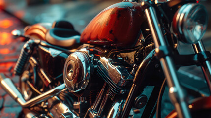 A detailed view of a motorcycle parked on a street. Suitable for transportation or urban lifestyle concepts