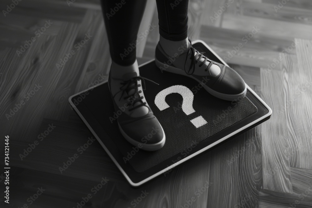 Poster a person standing on a scale with a question mark symbol on it. suitable for illustrating uncertaint