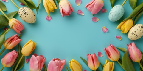 Colorful Easter eggs and vibrant tulips arranged in a circular pattern on a blue background. Perfect for Easter celebrations or spring-themed designs - obrazy, fototapety, plakaty