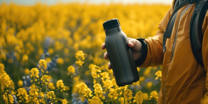 A person is seen holding a water bottle in a beautiful field of flowers. This image can be used to depict nature, hydration, and outdoor activities