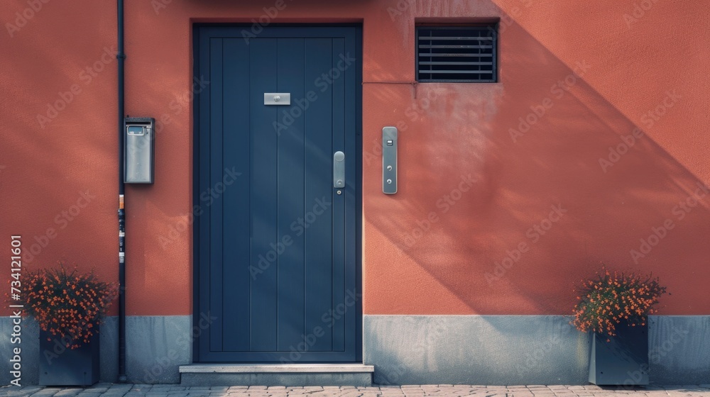 Poster a picture of a red building with a blue door and two planters. this image can be used for various pu