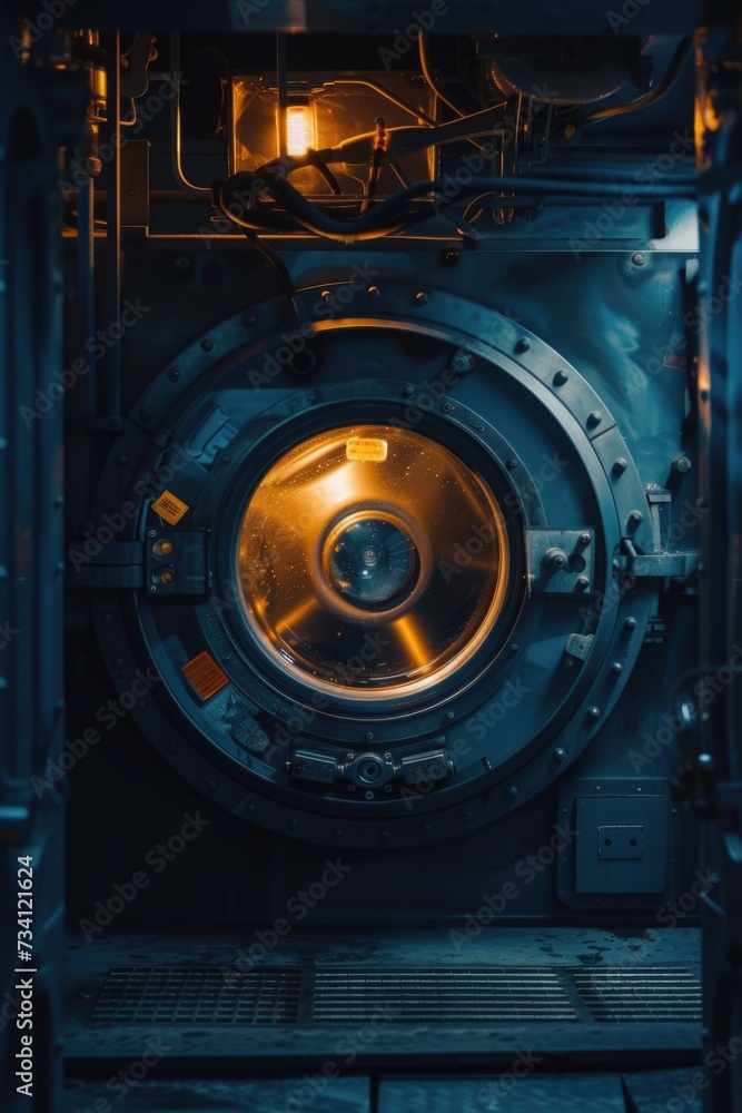 Poster A view of the inside of a machine with the door open. This image can be used to showcase the inner workings of machinery or as a visual representation of industrial processes