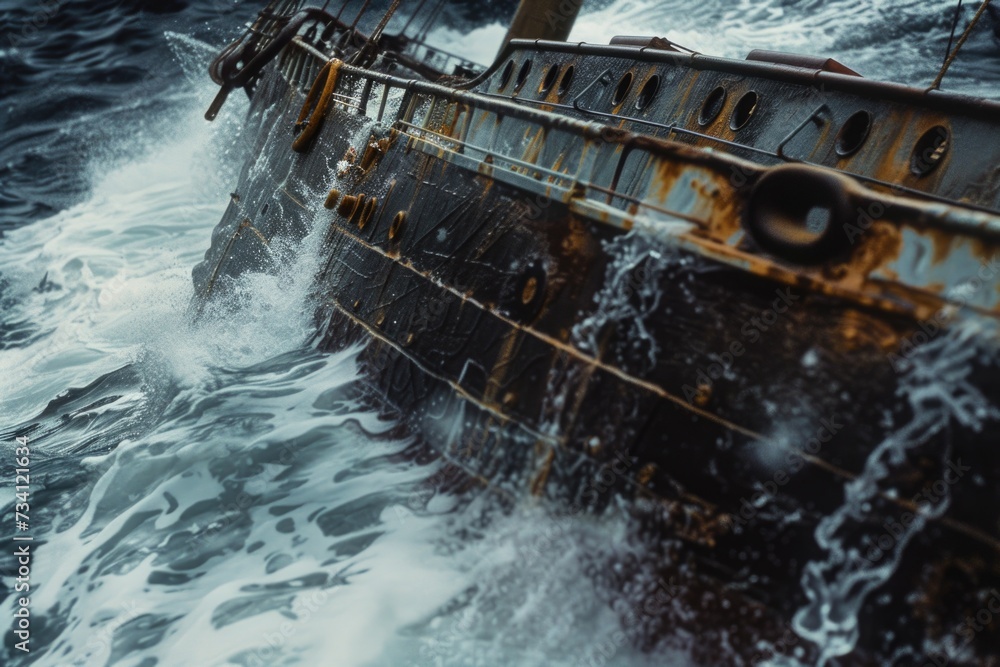 Poster a picture of a rusty ship in the ocean, surrounded by waves. suitable for maritime themes and concep
