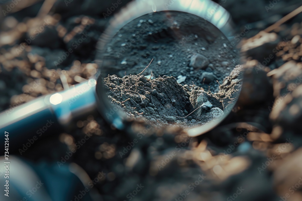 Poster a detailed close-up image of a magnifying glass resting on dirt. this versatile picture can be used 