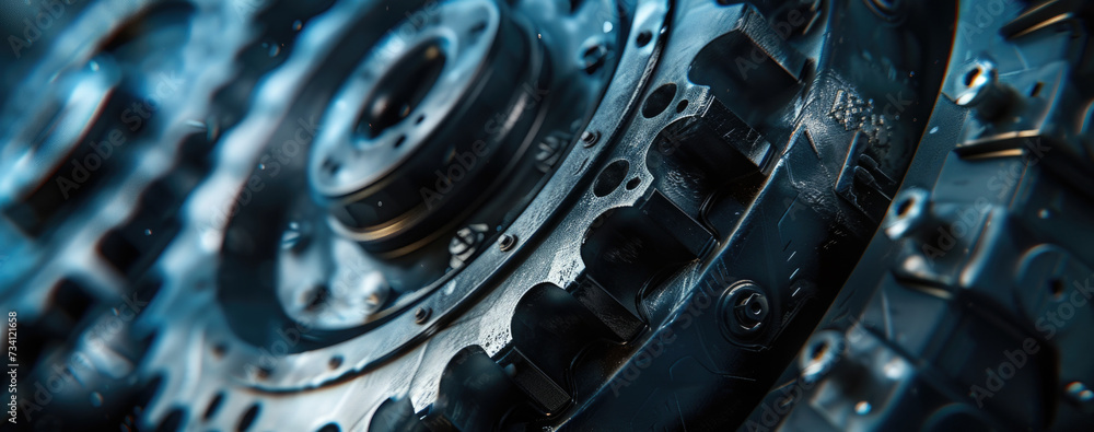 Poster A close up view of the gears of a machine. This image can be used to illustrate the inner workings of a mechanical device