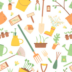 Gardening equipment seamless pattern. Spring horticulture tools endless background. planting and work in backyard cover. Vector flat illustration - obrazy, fototapety, plakaty