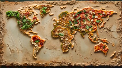 World map made of pizaa. All continents of the Italian food world
