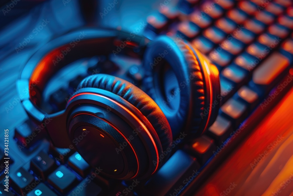 Poster a pair of headphones sitting on top of a keyboard. suitable for music-related projects or illustrati