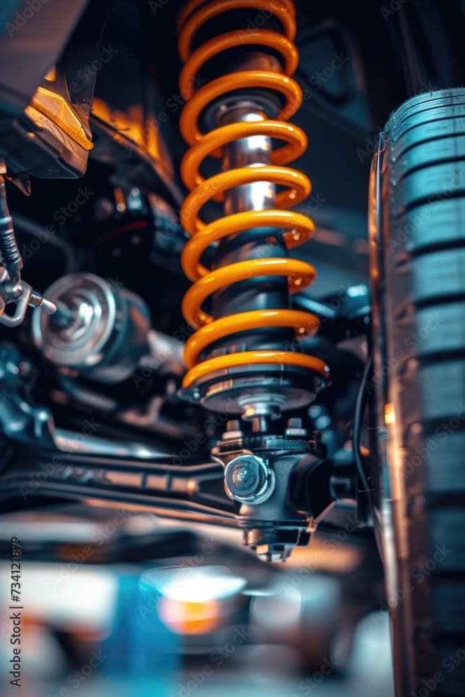 Poster a detailed close up shot of a motorcycle shock absorber. this image can be used to illustrate concep