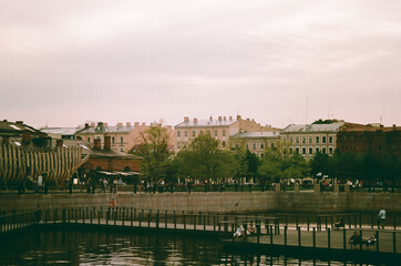 Waterfront in summer in the historic center of the city - film photo