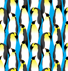 Emperor penguins on a bright blue background. Animal seamless pattern, print, vector illustration