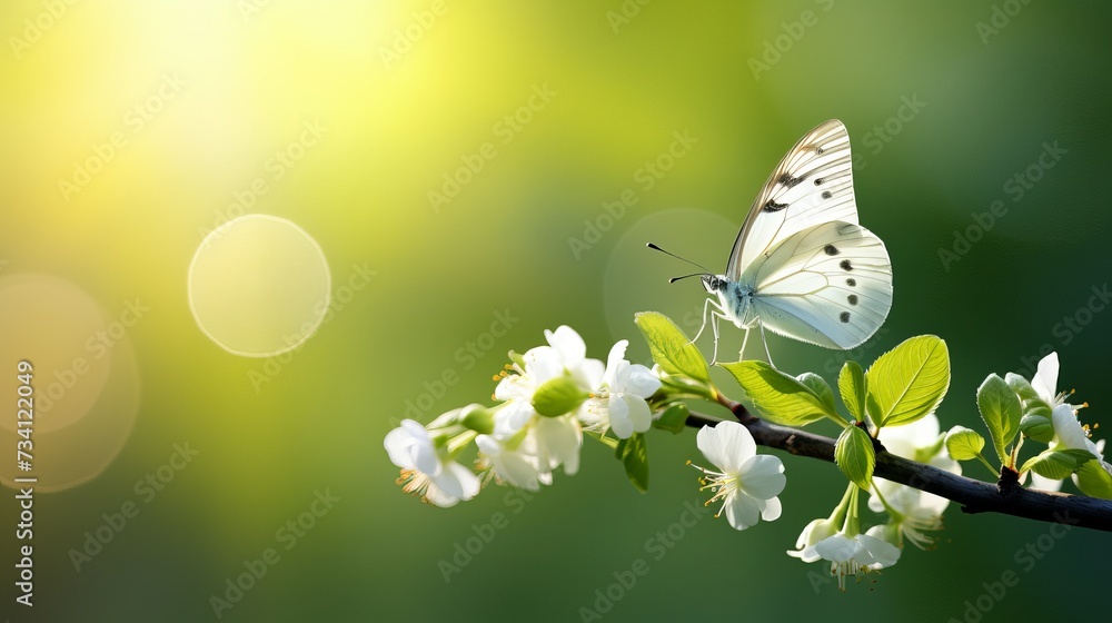 Poster art first forest spring flowers and a flying butterfly against the background of the morning spring 