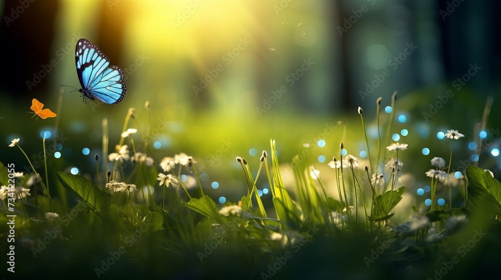 Poster art first forest spring flowers and a flying butterfly against the background of the morning spring 