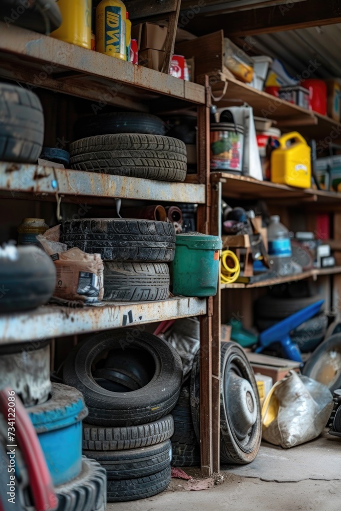Poster A garage filled with a wide range of different types of tires. Perfect for automotive enthusiasts or mechanics.