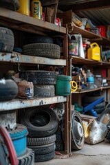 A garage filled with a wide range of different types of tires. Perfect for automotive enthusiasts or mechanics.
