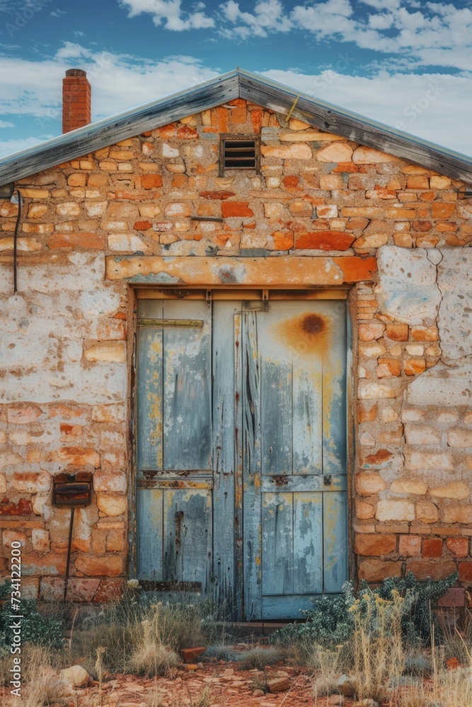 Poster an old stone building with a rusty door. suitable for architectural or historical projects