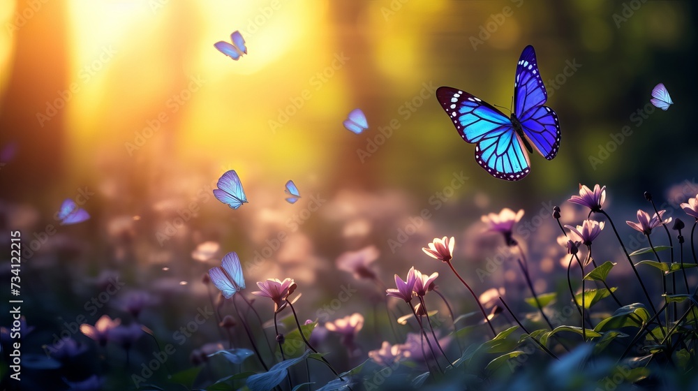 Poster art first forest spring flowers and a flying butterfly against the background of the morning spring 
