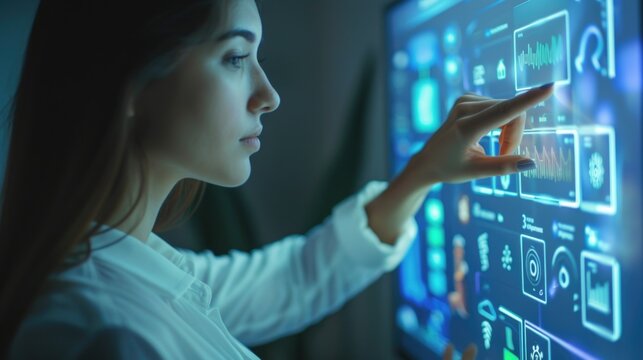 A Woman Is Seen Touching A Screen With Her Finger. This Image Can Be Used To Illustrate Technology, Interaction, Or Communication