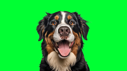 Portrait photo of smiling Bernese Mountain Dog on green background