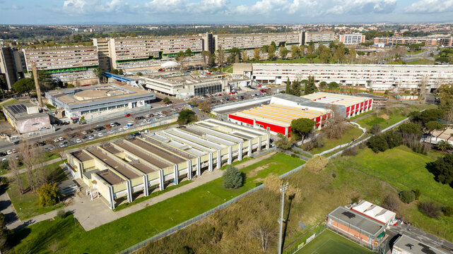 Aerial view of Nuovo Corviale known as "il Serpentone" (the great snake) due to its length. It is a residential complex in Rome, Italy, located in the south-western outskirts of the capital.