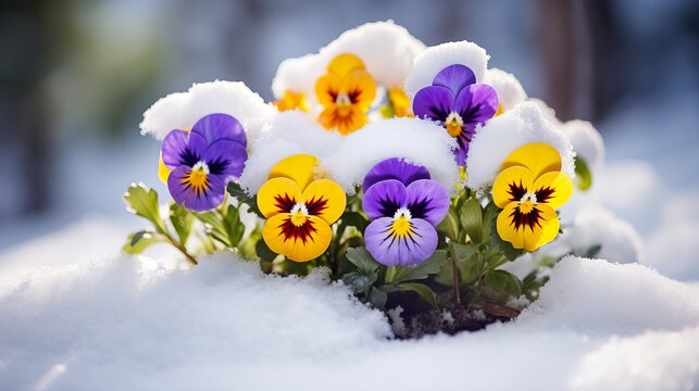 Beautiful colorful horned pansy flowers at springtime in garten with snow. Soft selective focus. Copy space