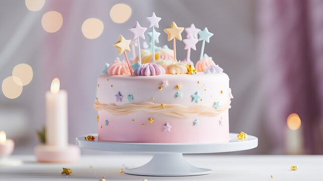 Beautiful pastel rainbow colored birthday cake with celebration bunting and gold star cake toppers