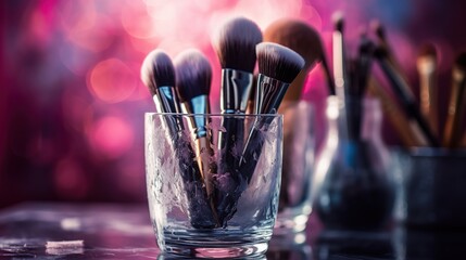 Makeup brushes in glass on pink background. Makeup tools set, soft professional makeup brush, mascara, space for text. Scattered eyeshadow on bright background. Generative Ai