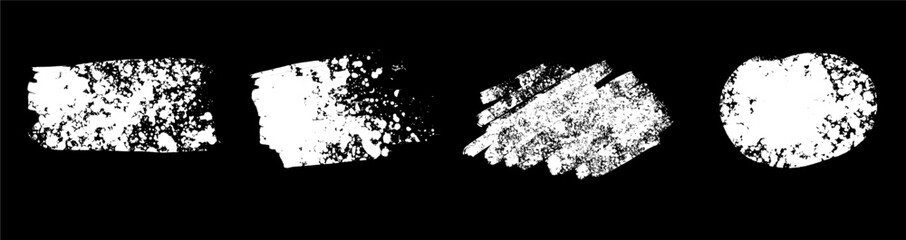 Fototapeta premium Set of vector white ink brush strokes on black background. White paint, ink brush strokes, lines.Grunge splatter, dirt stain, brush with drops blots