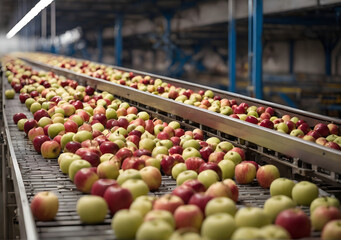Apple grading machine, apples sorted by the machine fall down on conveyor in a fruit packing warehouse