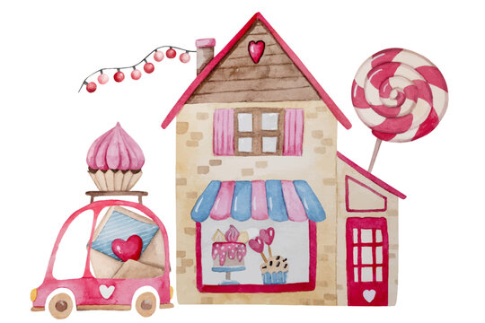 Hand-Drawn Watercolor Illustration Features Vector Clipart Of A Bakery With Cupcakes And A Car With A Cupcake On The Roof