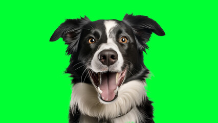 Portrait photo of smiling Border Collie on green background