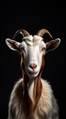 Goat with beard and horns is looking straight ahead.