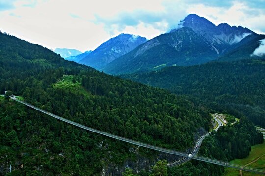 Austrian Alps - view of the cable car from the ruins of the castle Ehrenberg near the town Reutte