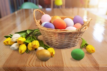 Colored easter eggs and fresh flowers