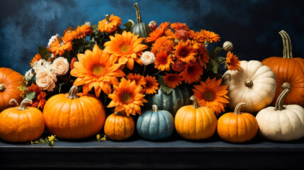 Group of pumpkins and gourds in front of backdrop of orange flowers with green stems. - Powered by Adobe