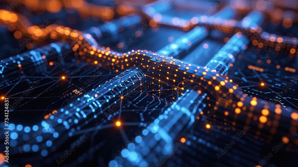 Poster digital network visualization depicting complex connections and nodes in a cybernetic landscape.
