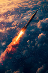 Rocket shoots off into space with cityscape in the background.