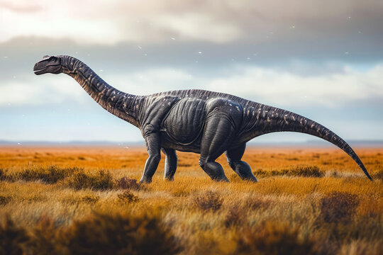 Image of sauropod dinosaur in open field with dry grass under its feet and sky background.
