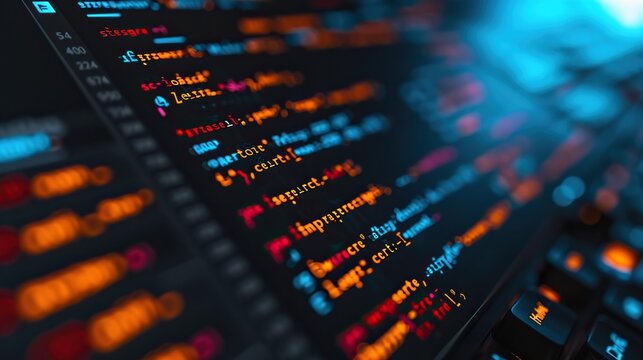 Close-up of a coding session in progress with sharp focus on the code against a keyboard and bokeh light backdrop, depicting active software development.