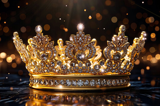 Golden crown with rhinestones and pearls.