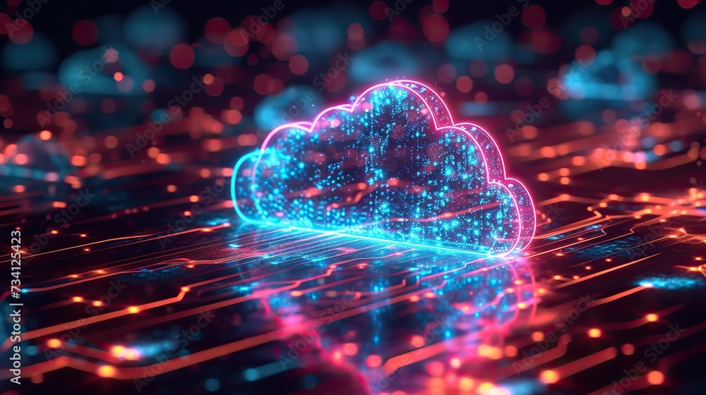 Poster a neon cloud symbol glowing on a digital circuit board, representing cloud computing and data techno