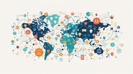 Illustrative world map with interconnected network icons representing global communication and international connectivity.
