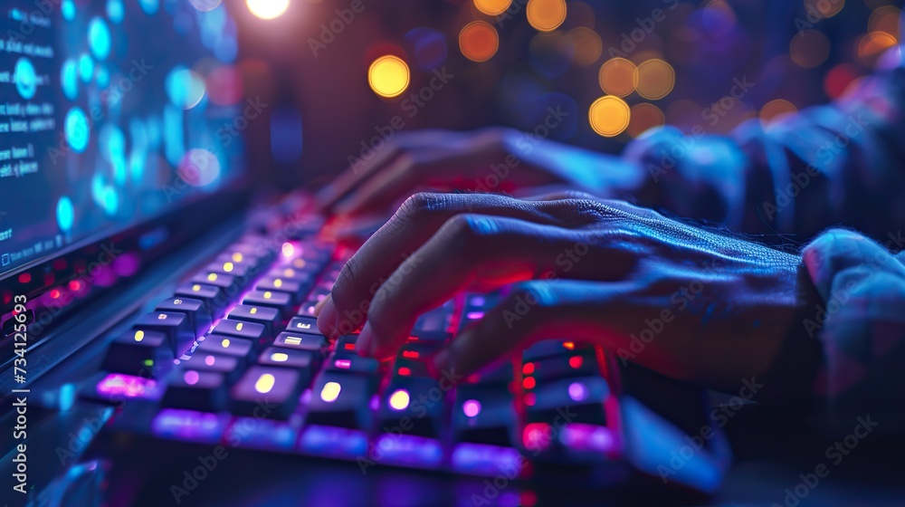 Poster close-up of hands typing on a colorful backlit mechanical keyboard, a setup common among gamers and 