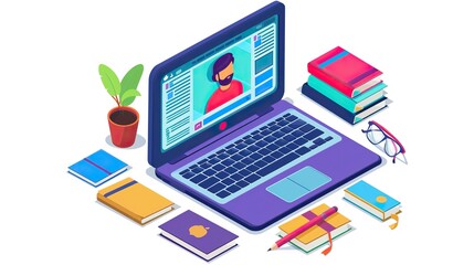 An isometric illustration depicting an e-learning setup with a laptop, books, and plant, symbolizing remote education and digital classrooms.
